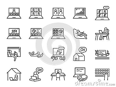 Work from home line icon set. Included icons as self quarantine, stay home, working, online,Â video conference, office and more. Vector Illustration